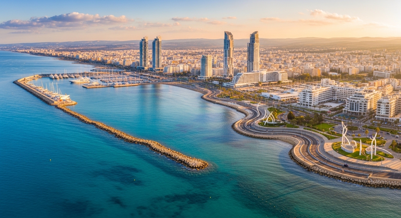 Résidence fiscale Chypre 60 jours — vue aérienne du front de mer de Limassol